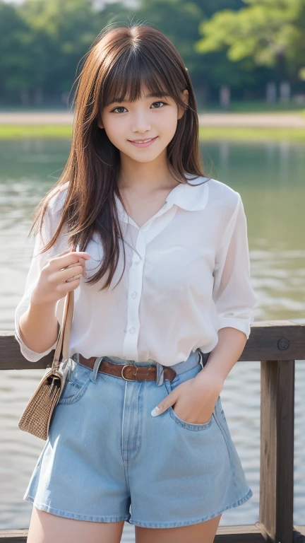 ((SFW: 1.4)), (girl)), Ultra-high resolution, (Realistic: 1.4), RAW Photos, Highest quality, (PhotoRealistic Stick), concentrated, Soft Light, ((15 years old)), ((Japanese)), (( (Young Face))), (surface), (Written boundary depth), masterpiece, (Realistic), woman, bangs, ((1 girl))、(((Model-like style、Thighs)))、Handbags))、((((Mr.々Fashion))))、(((Find someone you like and smile)))