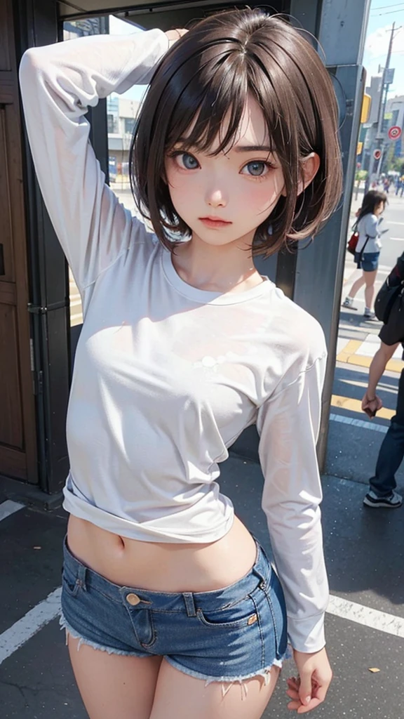 1 female,perfect 20 year old,Gal,((Ideal body proportions:1.3,Small Head:1.7)),Sunburn,(((High quality anime, 8k,masterpiece,Perfect Anatomy))),Cowboy Shot,(Beautiful and exquisite face and eyes,gorgeous eyes:1.3), break ,Brown eyes, break ,Blonde,Short Bob Hair,bangs, break ,smile,blush,Small breasts,Slender body,Toned body,skinny,Sweat, break ,Oversized white T-shirt,Long sleeve、denim micro shorts, break ,Are standing,on the road,Shibuya Station、Tokyo、