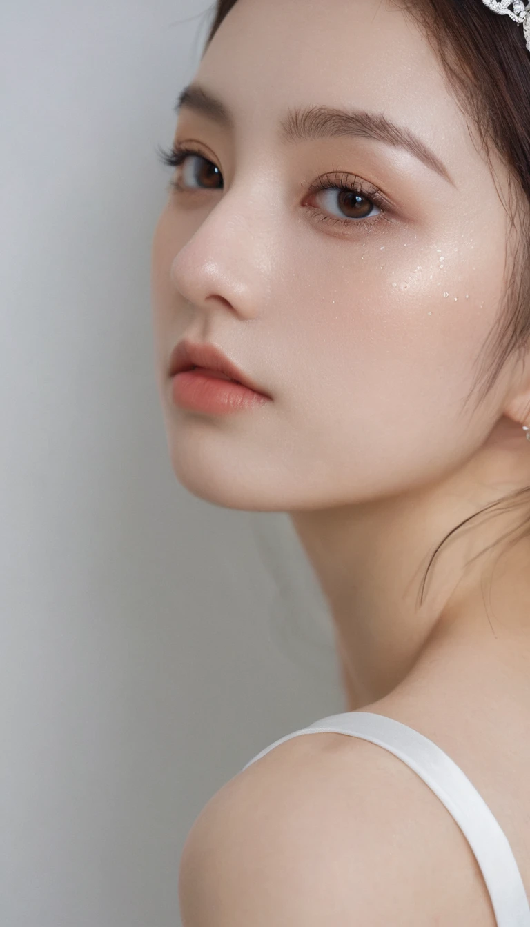 xxmixgirl, analog style, eye focus, highest quality, (highly detailed skin), photo of a exquisitely beautiful pale skin, 21yo, perfect face, alluring eyes, (seductive makeup: 1.3), skin pores, (bokeh:1.5), sharp focus, dappled lighting, (backlighting), film grain, (highly detailed, intricately detailed), 8k, HDR, front view, studio light, Ultra-detailed face, Detailed eyes, (Double eyelid: 1.4), Alice toggle, brown eye, (commercial: 1.6), (seductive makeup), ((white studio background: 2))