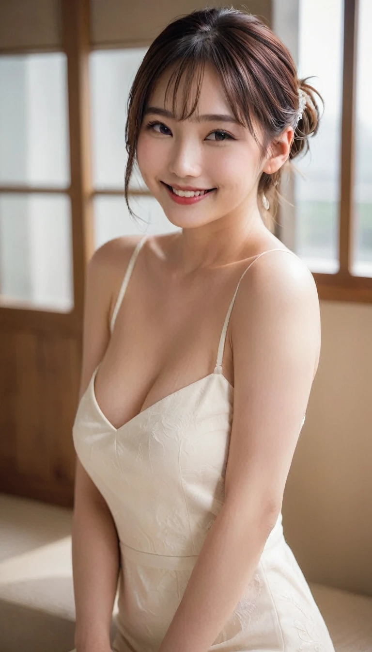 Highest quality、A woman with beautiful medium-long brown hair、Bun Hair、Smile、Wearing a one-piece dress