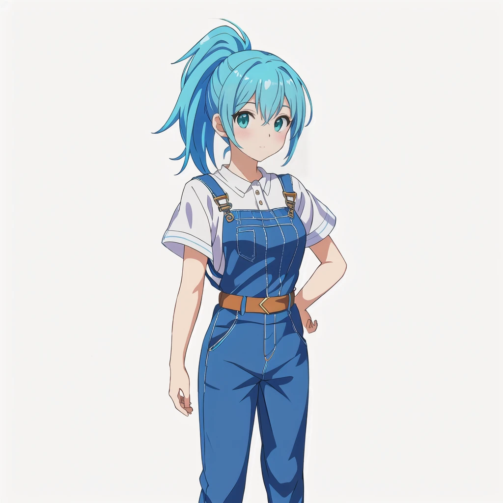 Highest quality, high resolution, High quality anime art style, Official Art, Smooth anime CG art, Stylized anime, Cute 3D anime girl render, Visual Novel Sprites, White background, whole body, Anime-style 3D, Smooth anime CG art, humanoid woman, JRPG Characters, Anime woman with blue hair and blue overalls, Turquoise hair anime girl, ponytail, 18-year-old