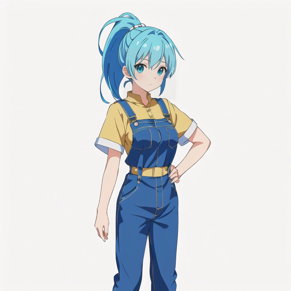 Highest quality, high resolution, High quality anime art style, Official Art, Smooth anime CG art, Stylized anime, Cute 3D anime girl render, Visual Novel Sprites, White background, whole body, Anime-style 3D, Smooth anime CG art, humanoid woman, JRPG Characters, Anime woman with blue hair and blue overalls, Turquoise hair anime girl, ponytail, 18-year-old