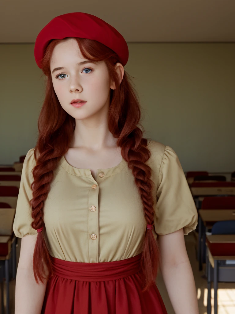 (best quality,4k,8k,highres,masterpiece:1.2),ultra-detailed,(realistic,photorealistic,photo-realistic:1.37), ((classroom, a peasant school girl, she wears beret, solo, shy, braided red hair, pale skin)), ((slim body, very large bust size for her young age))