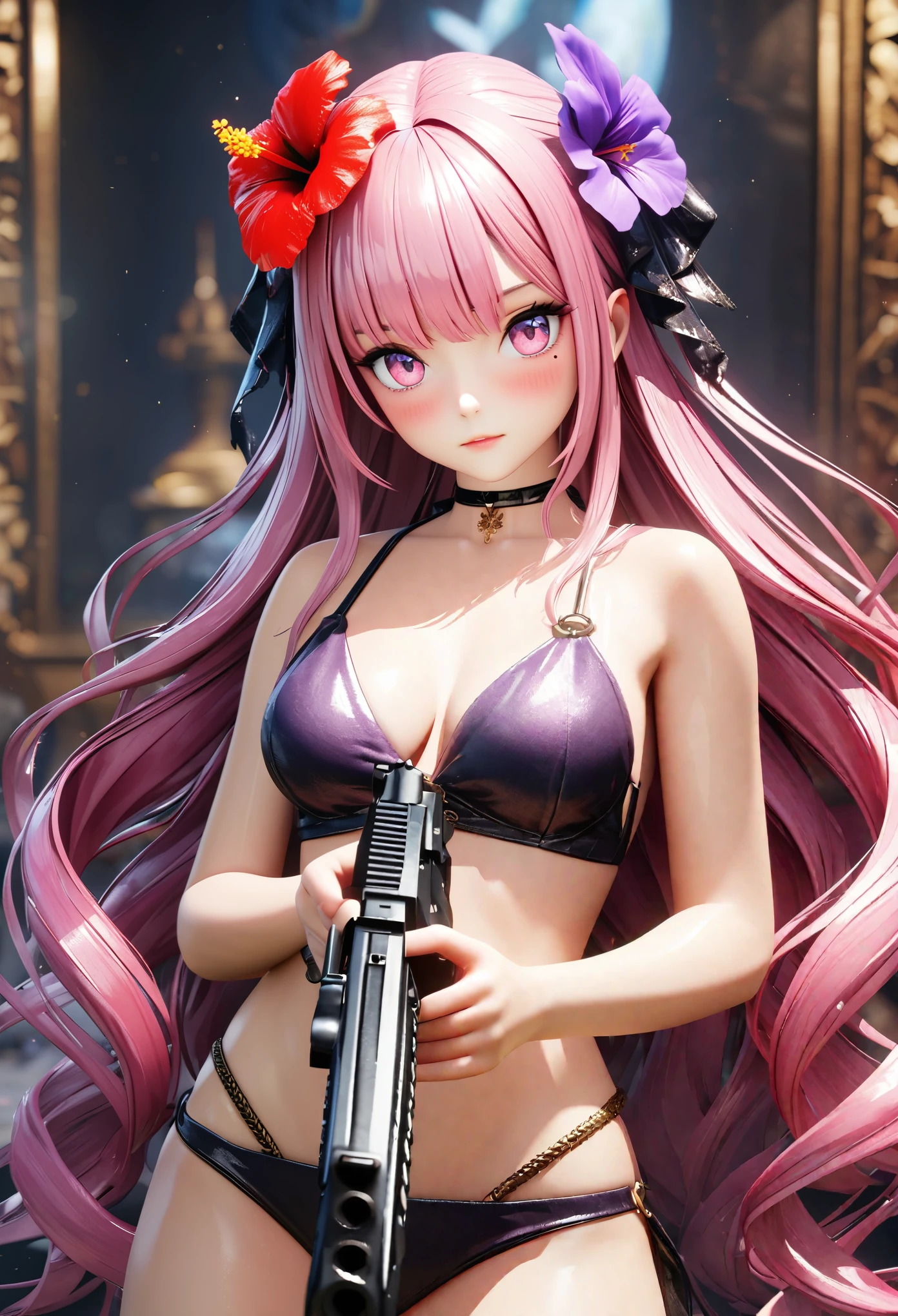 masterpiece,highest quality, Very detailed, High resolution, expensive resolution, High resolution, 4K, 8k, unity 8k wallpaper, Very detailed CG, masterpiece, 2D, 3D, Beautiful details, depth, Fine texture , highest quality: 1.3, Fully focused, Crispy.skin, .he,
Very cute anime girl 、bikini、Large Breasts、Pink medium-long hair wearing expensive , Two Girls、Holding a gun, Mole under the eye, looking at the viewer , expensive , blush, Mole, Lips parted, Hibiscus Hair Accessories, heart, Pink Eyes, choker