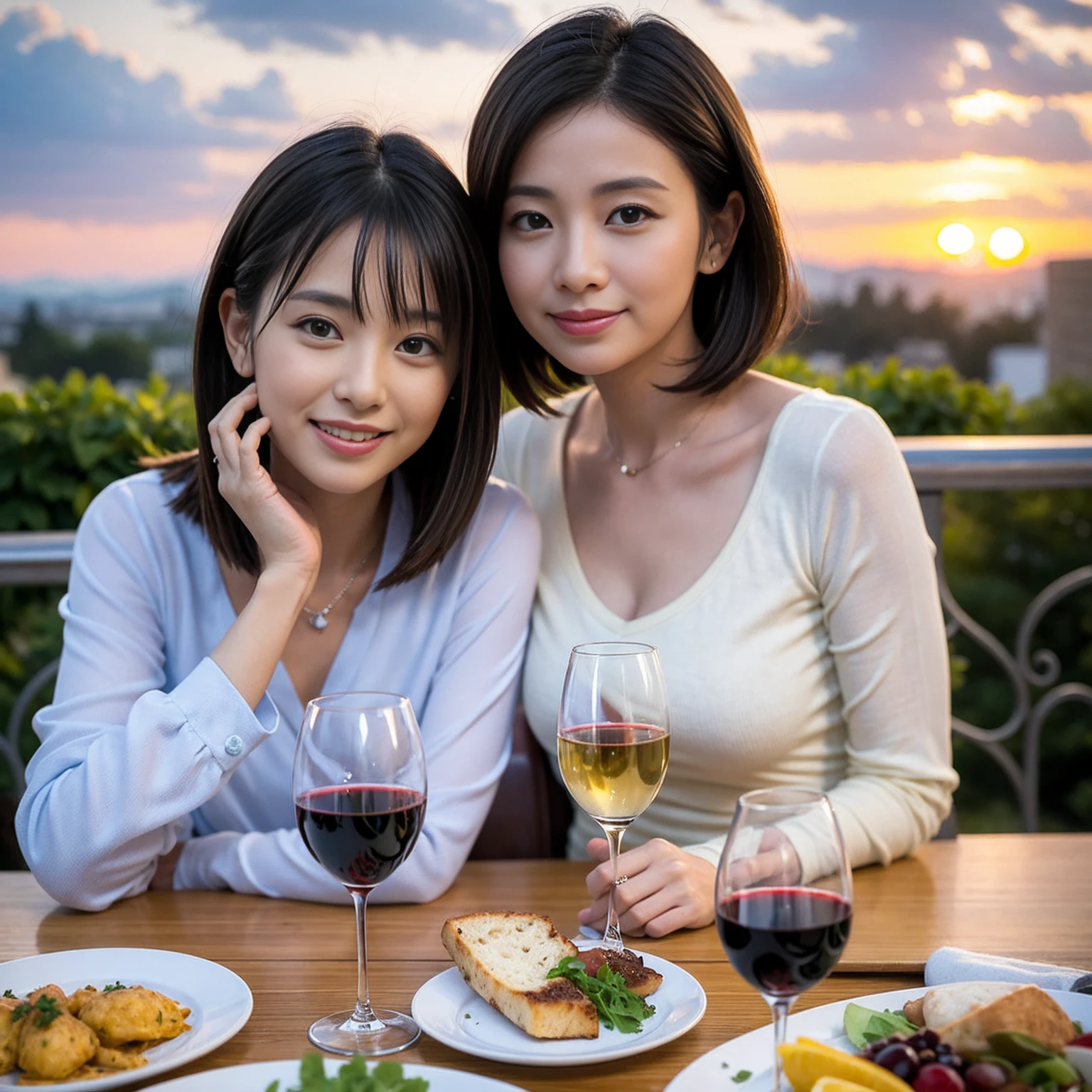 ((Highest quality、8k、masterpiece:1.3))、 (Genuineistic, Genuine、Bright image、Intricate details:1.2), 最高のsmile 男性1人 女性1人、美しいCouple、spouse、Relatives and friends、actress Couple、Couple、モデルCouple、smile、Full-course dinner at a packed table、テーブルにwine glass、 (Slim face), (the body is slim), (Brown Hair), (short hair), Please shine a light on my face、 Amazing view of the sunset sky and clouds、 (age 34), 38 years old, red wine 、Appetizers、Wine bottle、sparkling wine、Long sleeve shirt、dress、White wine, red wine, wine glass,