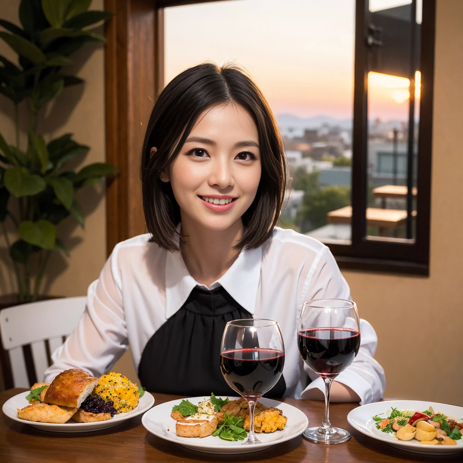 ((Highest quality、8k、masterpiece:1.3))、 (Genuineistic, Genuine、Bright image、Intricate details:1.2), 最高のsmile 男性1人 女性1人、美しいCouple、spouse、Relatives and friends、actress Couple、Couple、モデルCouple、smile、Full-course dinner at a packed table、テーブルにwine glass、 (Slim face), (the body is slim), (Brown Hair), (short hair), Please shine a light on my face、 Amazing view of the sunset sky and clouds、 (age 34), 38 years old, red wine 、Appetizers、Wine bottle、sparkling wine、Long sleeve shirt、dress、White wine, red wine, wine glass,