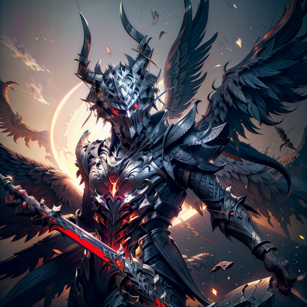 Best quality, highly detailed, dark knight, burning aura, fallen angel, black wings, red blade, evoking the presense of a final boss, inferno theme, dark souls theme