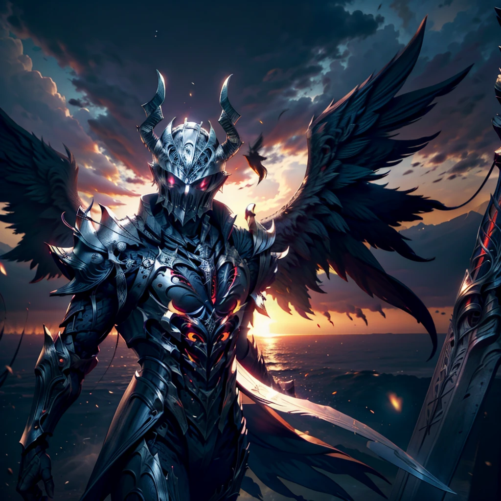 Best quality, highly detailed, dark knight, burning aura, fallen angel, black wings, red blade, evoking the presense of a final boss, inferno theme, dark souls theme