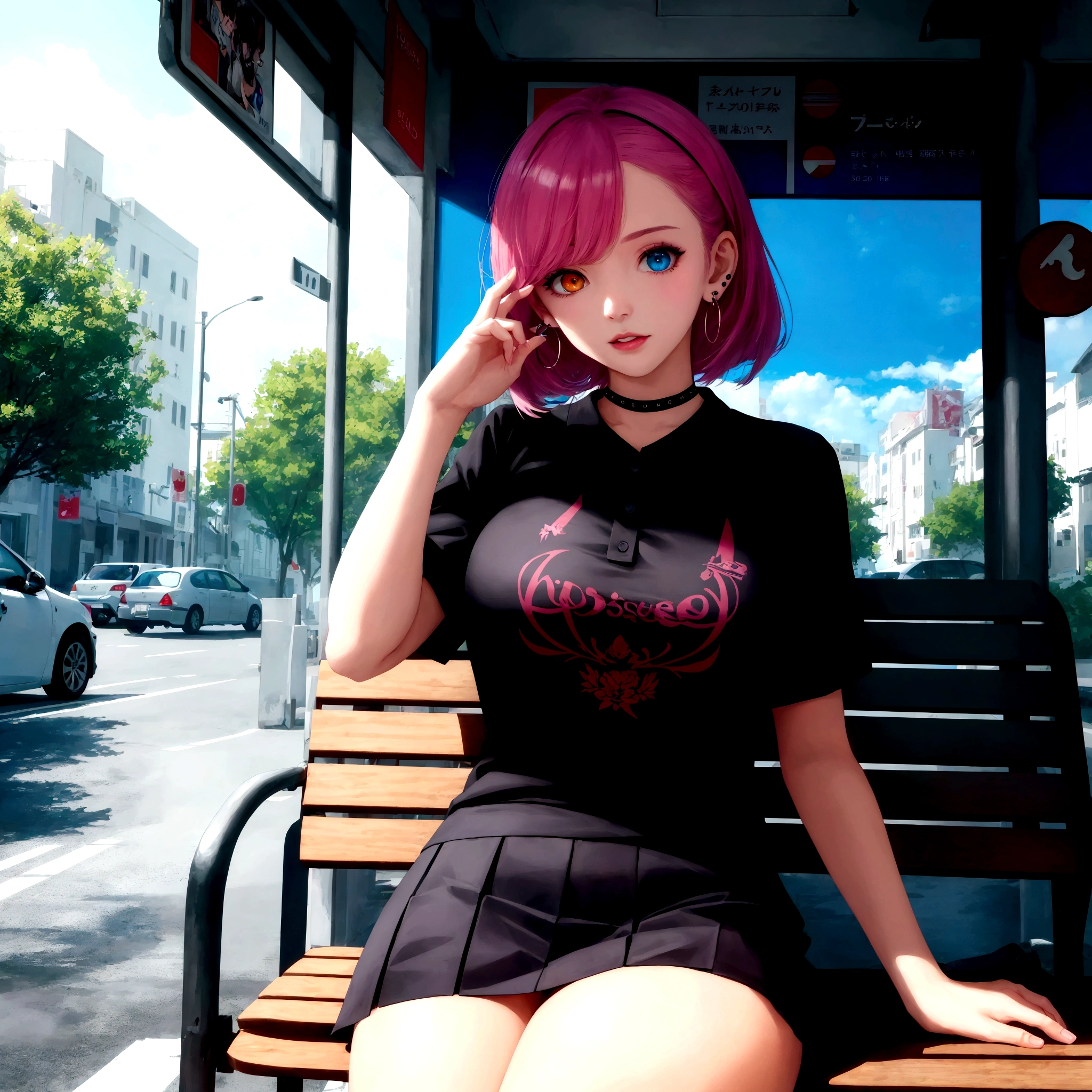 (masterpiece,top quality, official art, beautiful and aesthetic:1.2), ager, tattoo, curvy, glamor, swept bangs, two-tone hair, makeup, heterochromia, nail_art, collarbonea, stud_earrings, yandere, in summer, microskirt, bus stop, bench, (polo_shirt:1.2), lens flare, 35mm, f/1.8, Sony FE GM, masterpiece, best quality
