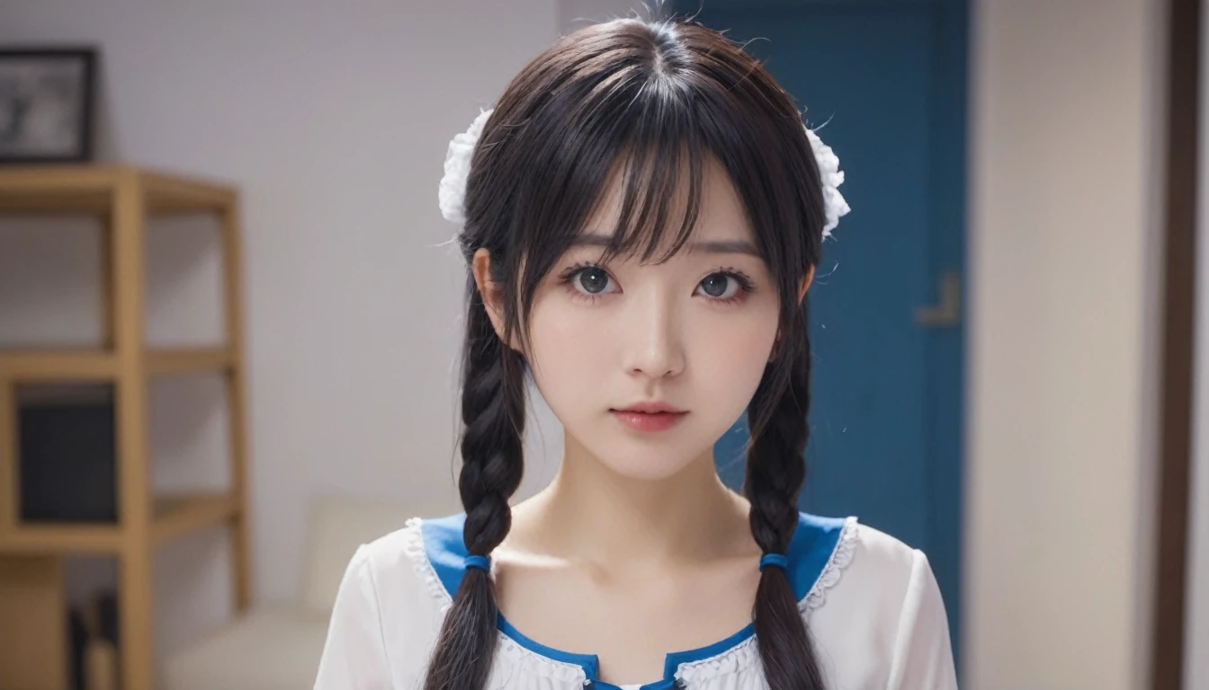 Photo quality,Masterpiece,Realistic,(16 year old cute kung fu girl:1.9),(Detailed young face:1.9),(Very embarrassed look:1.9),(Thin legs:1.9),(Cosplay as a game character:1.9),(Chinese Girl:1.9),((Droopy eyes:1.9)),((Body type of a 16 year old girl,Small Tits:1.9)),(Cute school girl hairstyle:1.9),((Skinny Legs)),Very pale skin,Show your forehead,Detailed body,Detailed hands,No makeup