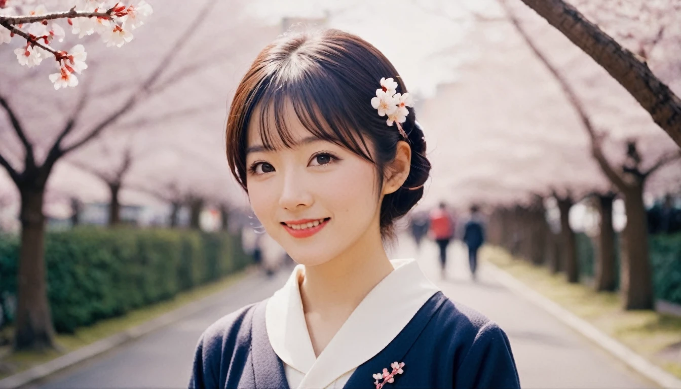 Retro Photography, 1960s , Agfa, Kodak, One girl,  Portraiture, Looking_in_Audience,  smile,  Japan, Tokyo, Cherry Blossom,  Octane Rendering,  一人in, rtrophto1