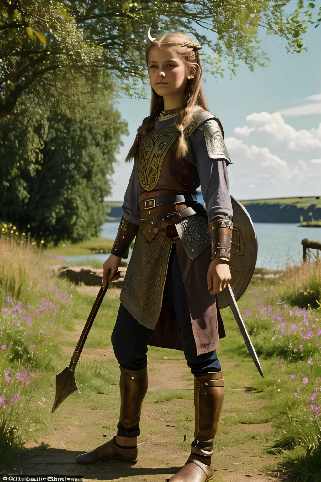 England, 878. A young ((((15-year-old)) Brida)), viking girl, fierce, very thin and skinny ((((viking clothings from the 870s)))), ((brunette hairstyle of the 870s)), ((colorful, Monet))