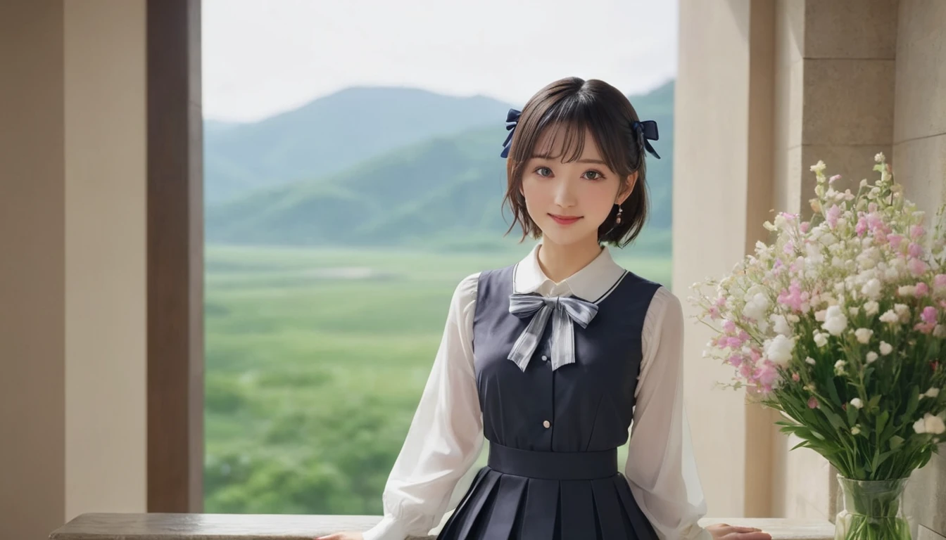 Medium display, Medium Shot, Depth of written boundary, bust, Upper Body, Movie angle, masterpiece, Highest quality, Very detailed, CG, 8k wallpaper, Beautiful Face, Delicate eyes, country々, alone, smile, bangs, skirt, shirt, Have, dress, bow, petal, bouquet