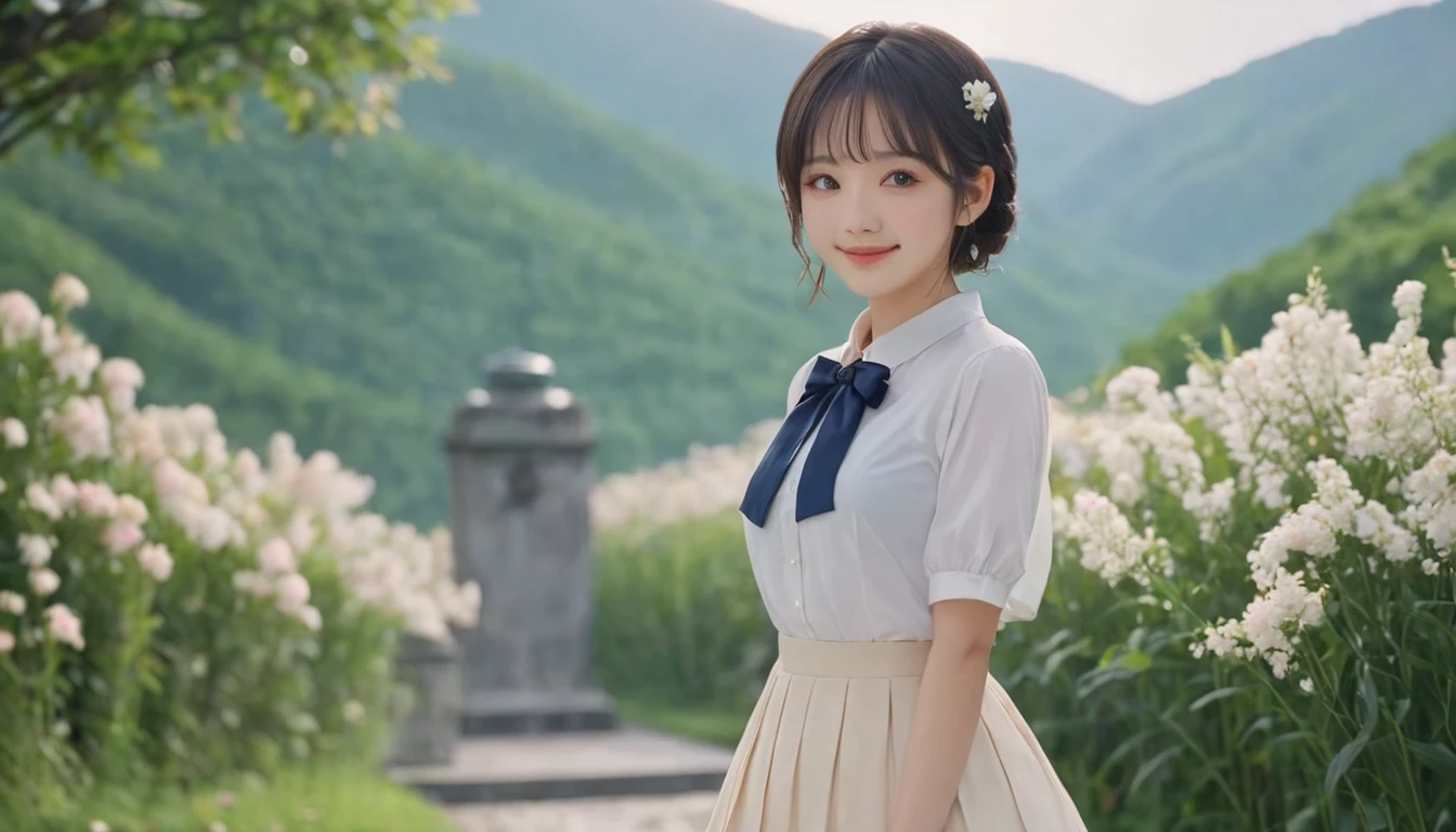 Medium display, Medium Shot, Depth of written boundary, bust, Upper Body, Movie angle, masterpiece, Highest quality, Very detailed, CG, 8k wallpaper, Beautiful Face, Delicate eyes, country々, alone, smile, bangs, skirt, shirt, Have, dress, bow, petal, bouquet