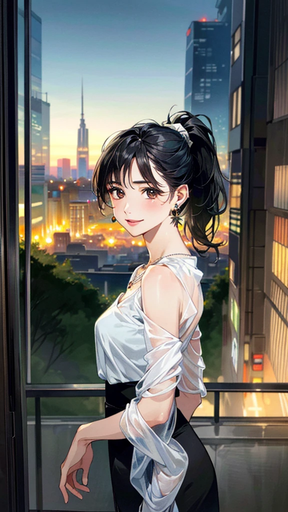 (masterpiece:1.3, highest quality, Ultra-high resolution, Super detailed), (Realistic, photoRealistic:1.4), Beautiful illustrations, Perfect lighting, colorful, Depth of written boundary,
Beautiful detailed hair, Beautifully detailed face, Beautiful fine details, Beautiful clavicle, Beautiful body, Beautiful breasts, Beautiful thighs, Beautiful feet, Beautiful fingers,
View Viewer, Front view:0.6, 1 girl, Japanese, Female college student, Perfect Face, (Perfect Anatomy, Anatomically correct), Cute and symmetrical face, Baby Face, , Shiny skin,
(Black Hair, Random hairstyle:1.4), Asymmetrical bangs, Brown eyes, Long Eyelashes, (Medium chest), thin,
((Something to wear, Cut and sew, Long skirt)), necklace, Earrings,
(Beautiful views), evening, (city, cityscape in the distance), Are standing, (Place your hand on your chest), (Smile, Lips parted),