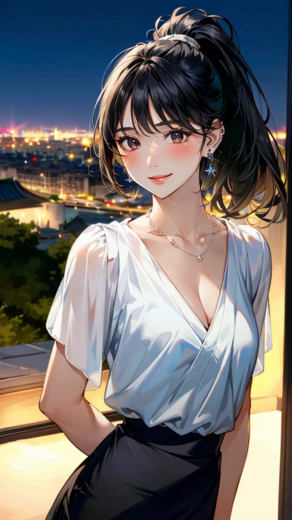 (masterpiece:1.3, Highest quality, Ultra-high resolution, Super detailed), (Realistic, photoRealistic:1.4), Beautiful illustrations, Perfect lighting, colorful, Depth of written boundary,
Beautiful detailed hair, Beautifully detailed face, Beautiful fine details, Beautiful clavicle, Beautiful body, 美しいLarge Breasts, Beautiful thighs, Beautiful feet, Beautiful fingers,
View Viewer、Front view:0.6, Beauty1人, Japanese, Beauty、30 years old, Perfect Face, (Perfect Anatomy, Anatomically correct), Cute and symmetrical face, , , Shiny skin,
((Sheer blouse:1.2)), ((White wrap around skirt:1.5))、
(Black Hair, Medium、ponytail:1.4), Dark brown eyes, (Large Breasts), Slim body,
necklace, (Small earrings:1.3),
(Beautiful views), (night), (city, cityscape in the distance), Are standing, A soft smile、(Smile, Lips parted),