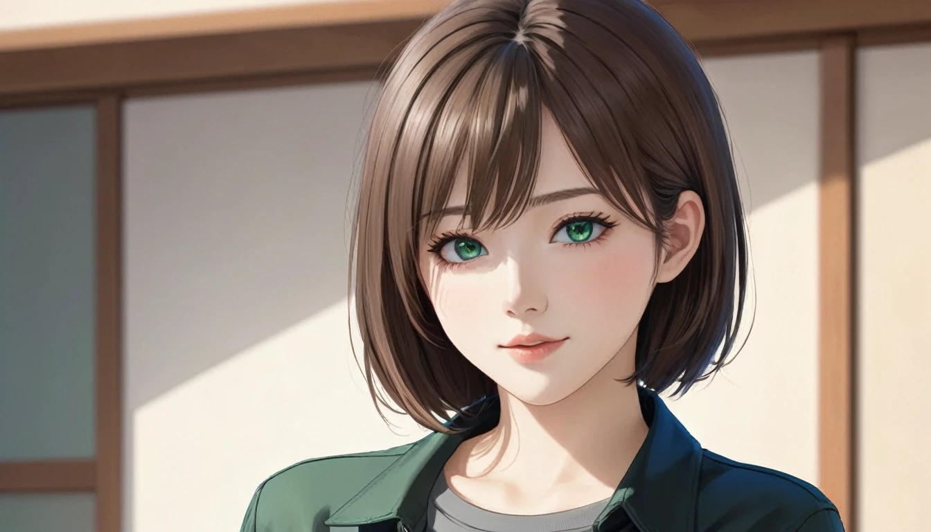 Female anime character wearing a black long sleeve shirt and blue jeans, Short brown hair, Neck length, Green Eyes, Tomer Hanukah inspired digital painting, Topics on pixiv, Sequential Art, Close up of intense gesture style, Full body details, Wear casual clothes, Style Anime, Anime style ultra detailed, Anime-style characters, Impressively detailed art style, Realistic art style, Clean and detailed anime style, modern anime style, Brown Hair