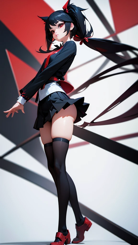 girl in a short skirt in knee-length stockings, red-black hair,Twin Tail, full height, 3D wallpaper.