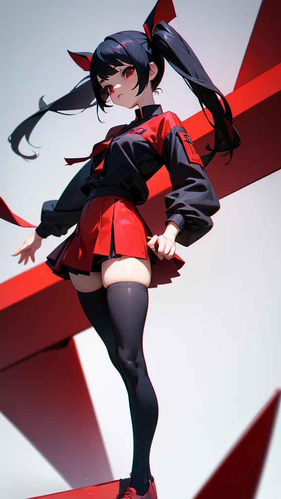 girl in a short skirt in knee-length stockings, red-black hair,Twin Tail, full height, 3D wallpaper.