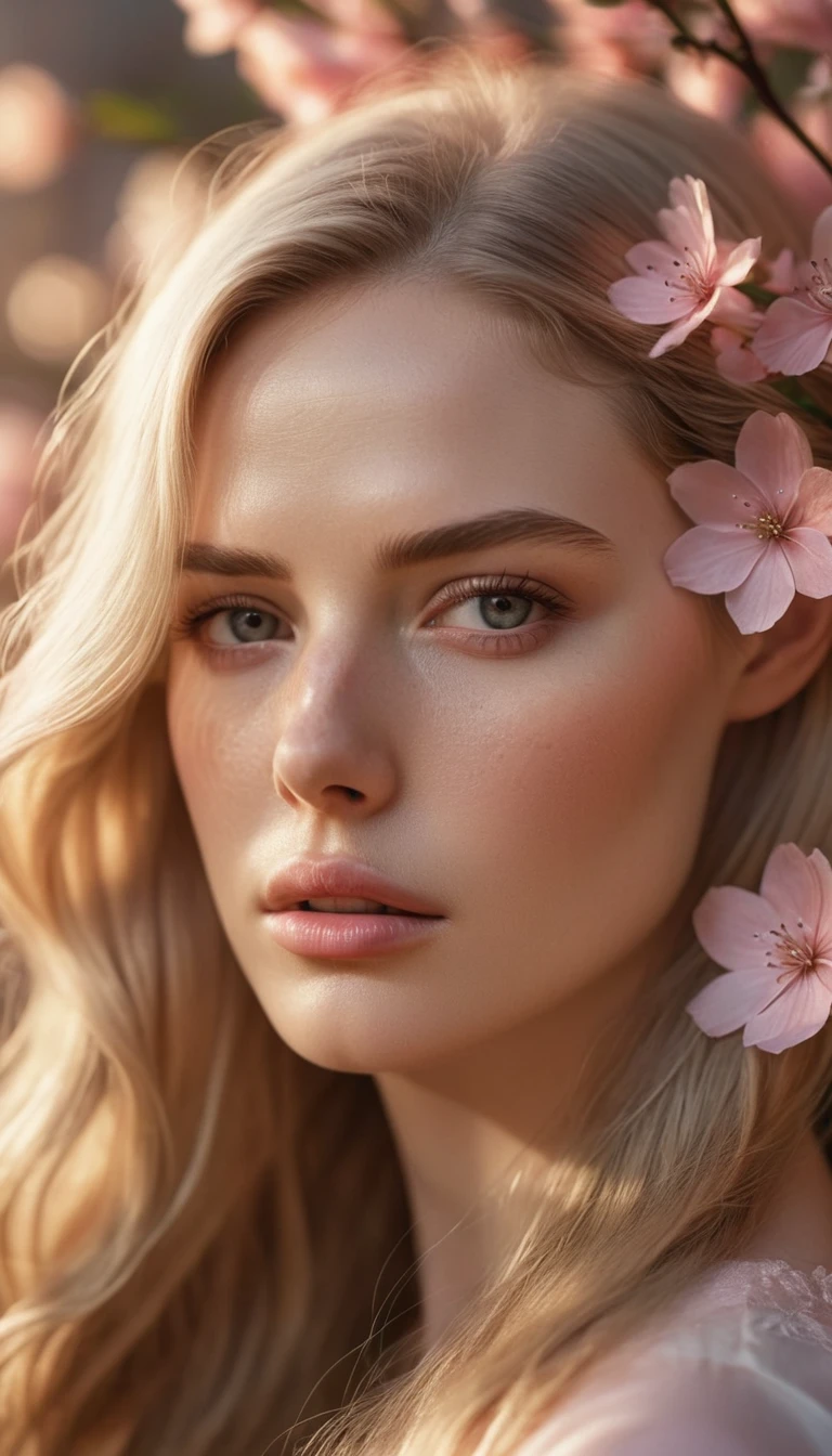 1girl, long blonde hair shatush, flowers woven into hair, white light pink flowers, soft warm lighting, partially lit face, calm pensive expression, detailed eyes and lips, artistic photography style, warm color scheme, intimate, peaceful, (best quality,4k,8k,highres,masterpiece:1.2),ultra-detailed,(realistic,photorealistic,photo-realistic:1.37),HDR,studio lighting,extreme detail description,professional,vivid colors,bokeh