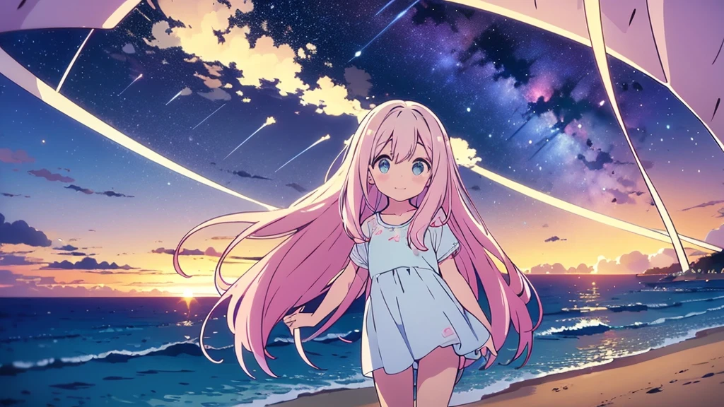 Una linda camisa blanca que la deja ver. 、Falda de vuelo celeste con volantes、Se levanta la falda con ambas manos para lucir su linda ropa interior blanca.、Linda ropa interior blanca visible cuando se levanta la falda.、Playa de arena, Mar hermoso, noche y cielo estrellado