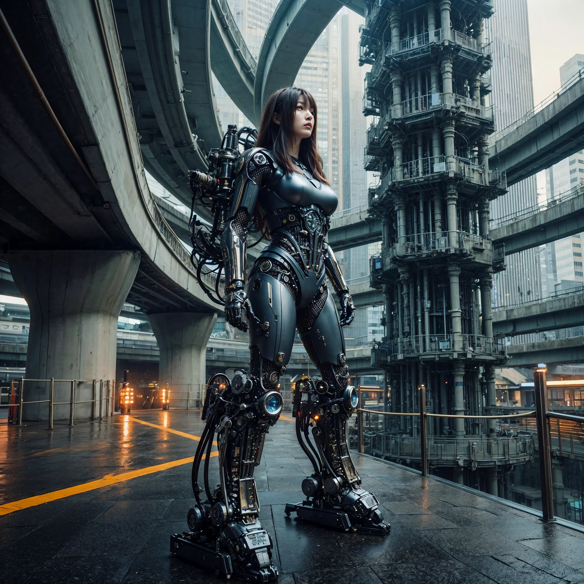 Japanese woman equipped with a simple prototype reinforced exoskeleton under development at a secret base, super realism, realistic photography, taken with Fuji film X-T30+Nokton. HDR10