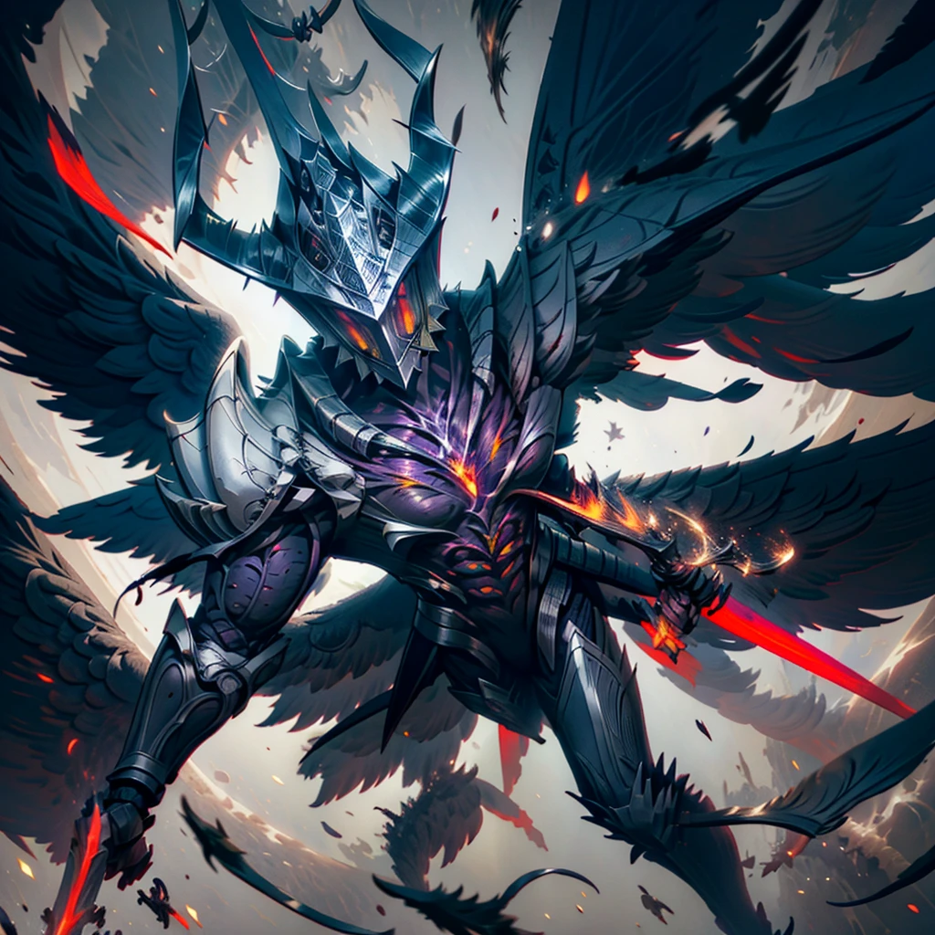 masterpiece, highly detailed CG unified 8K wallpapers, 8k uhd, dslr, high quality, clean, best illumination, a goddess in a blue and red armor, flaming wings, glowing eyes, cinematic, ultra-high resolution, ultra-high detailed, high-definition
