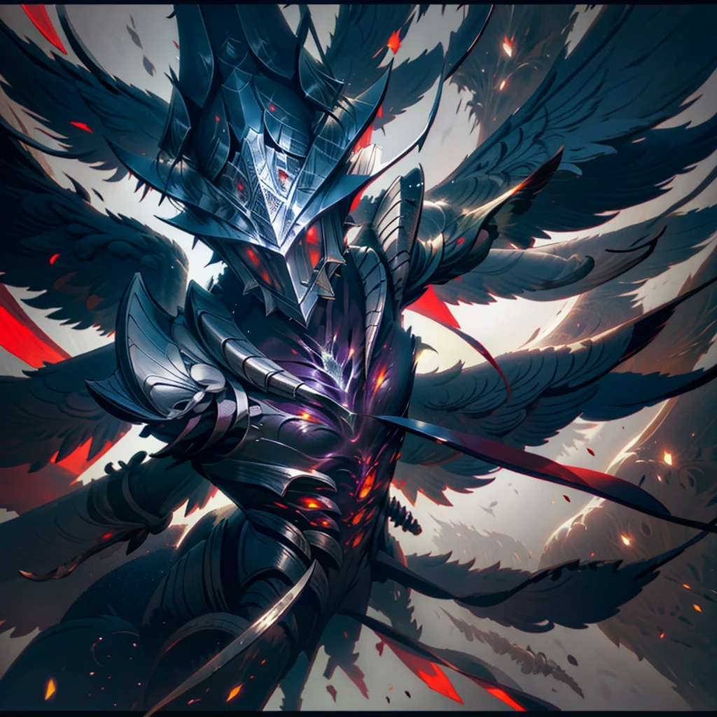 Dark knight, red aura, fallen angel, black wings, red blade, evoking the presense of a final boss, burning, inferno theme, solo