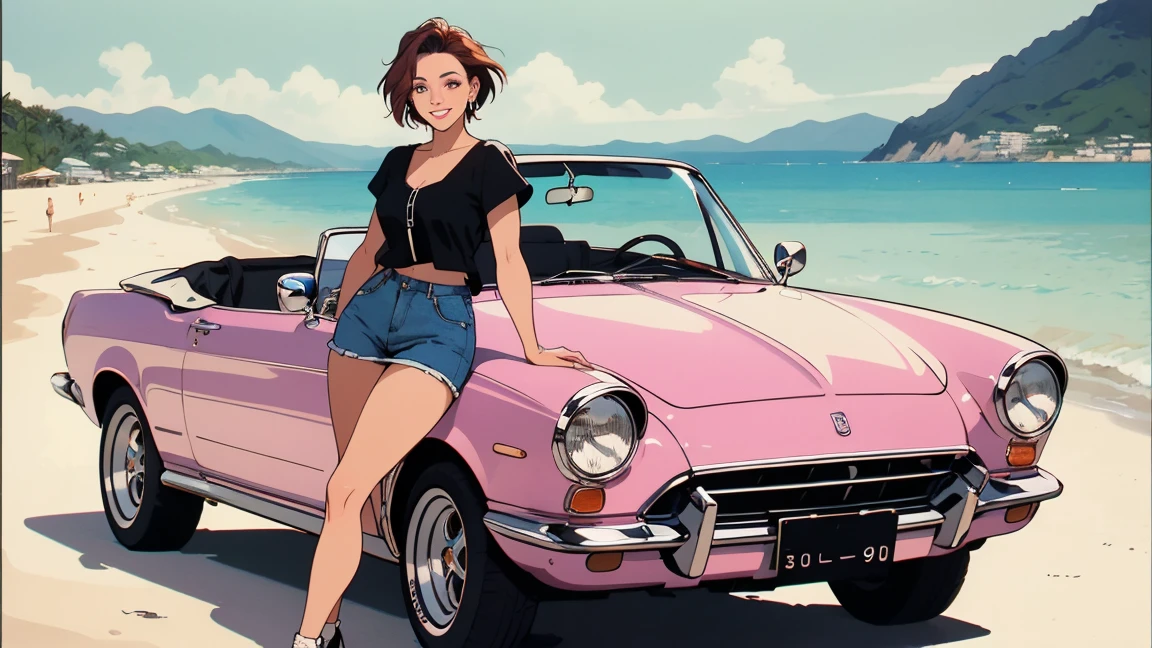 ((best quality)), ((masterpiece)), (detailed), perfection, realistic, high fashion, 16:9, Stylish Korean woman from the 90s, Background of the tourist beach, Coolness, Refreshing, Woman posing in a cool 90s convertible car, beautiful smile, longing, a scene from a movie, photos for posters
