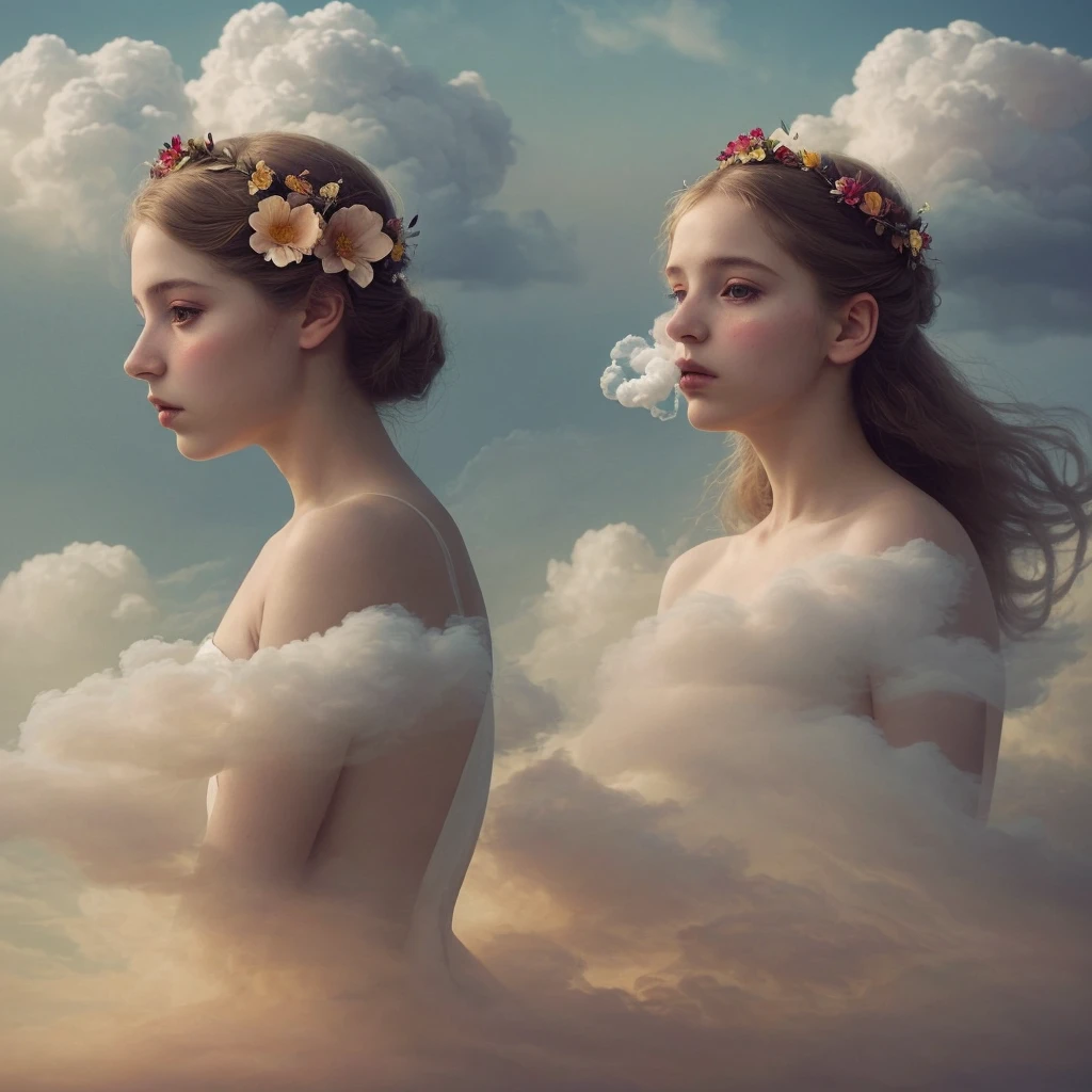 there is a woman with a flower in her hair and a cloud in her face, monia merlo, in clouds of smoke, inspired by Elsa Bleda, by irakli nadar, beautiful surreal portrait, inspired by Oleg Oprisco, girl clouds, floating in smoke, cloud goddess, inspired by irakli nadar, surreal portrait photography, atmospheric portrait
