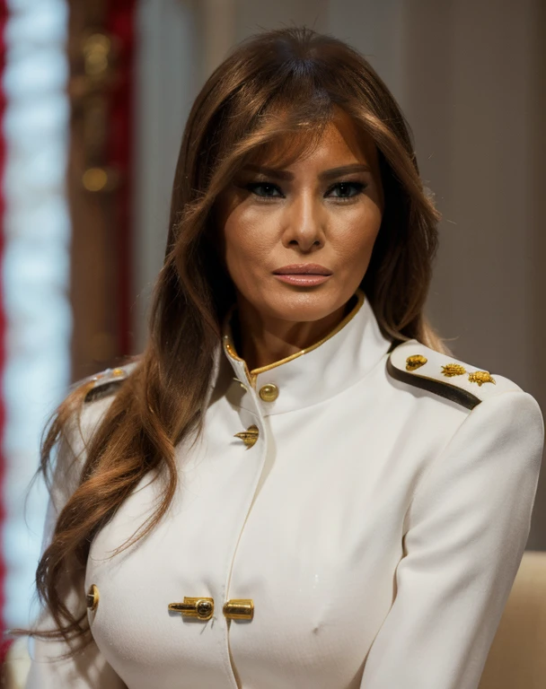 Realistic photo of beautiful 1girl solo mlntrmp ((melania trump)), warhammer_40k_commissar white uniform, hentai