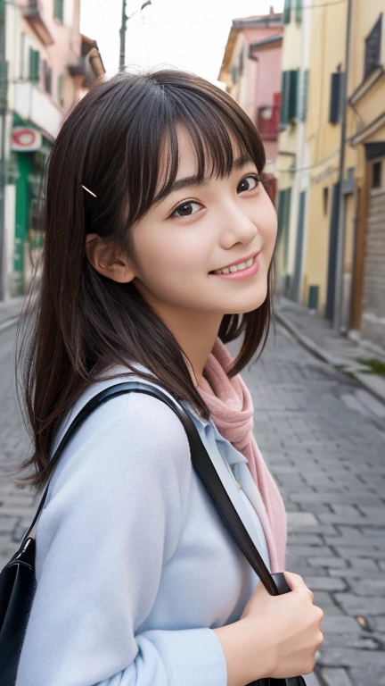 ((SFW: 1.4)), (girl)), Ultra-high resolution, (Realistic: 1.4), RAW Photos, Highest quality, (PhotoRealistic Stick), concentrated, Soft Light, (()), ((Japanese)), (( (Young Face))), (surface), (Written boundary depth), masterpiece, (Realistic), woman, bangs, ((1 girl))、(((Model-like style、Thighs)))、Handbags))、((((Mr.々Fashion))))、(((Find someone you like and smile)))、(((The background is Italian tourist destinations)))