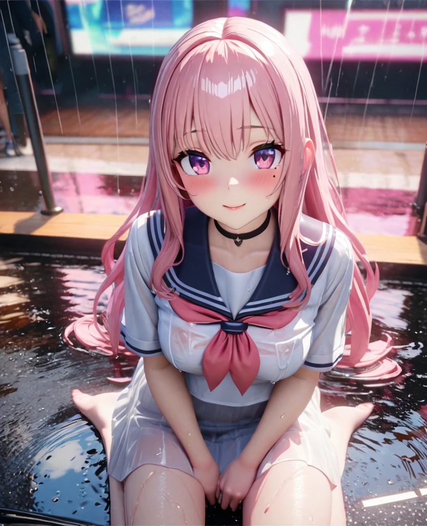 masterpiece, best quality, very detailed, high resolution, expensive solution, high resolution, 4k, 8k, Unity 8k wallpaper, highly detailed CG, masterpiece, 2d, 3d, beautiful details, depth, fine texture, best quality: 1.3, total concentration, transparent skin, him, very cute anime girl, expensive pink long hair, one girl, high school sailor uniform, on the way home from school, it was raining heavily and she was soaking wet. The sailor uniform was see-through, her hair was soaking wet, smiling long pink hair, full body, on the way home from school, heavy rain, mole under eye, gaze, expensive, blush, lips parted, heart, pink eyes, choker