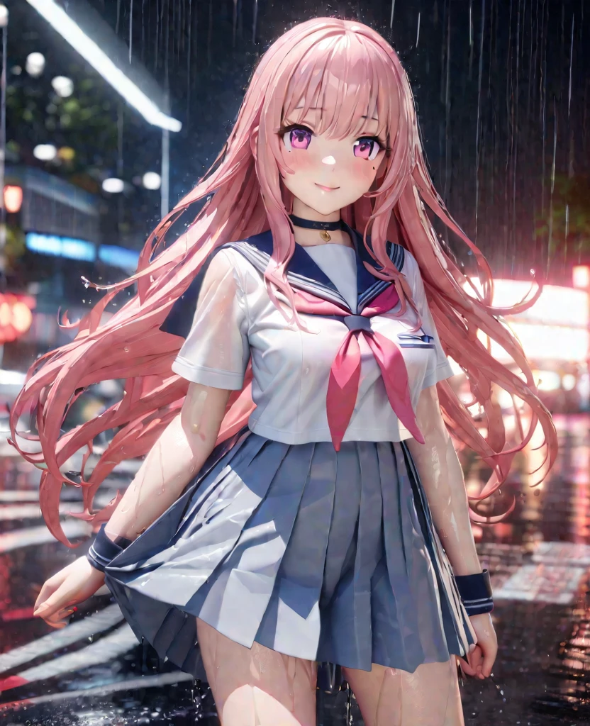 masterpiece, best quality, very detailed, high resolution, expensive solution, high resolution, 4k, 8k, Unity 8k wallpaper, highly detailed CG, masterpiece, 2d, 3d, beautiful details, depth, fine texture, best quality: 1.3, total concentration, transparent skin, him, very cute anime girl, expensive pink long hair, one girl, high school sailor uniform, on the way home from school, it was raining heavily and she was soaking wet. The sailor uniform was see-through, her hair was soaking wet, smiling long pink hair, full body, on the way home from school, heavy rain, mole under eye, gaze, expensive, blush, lips parted, heart, pink eyes, choker