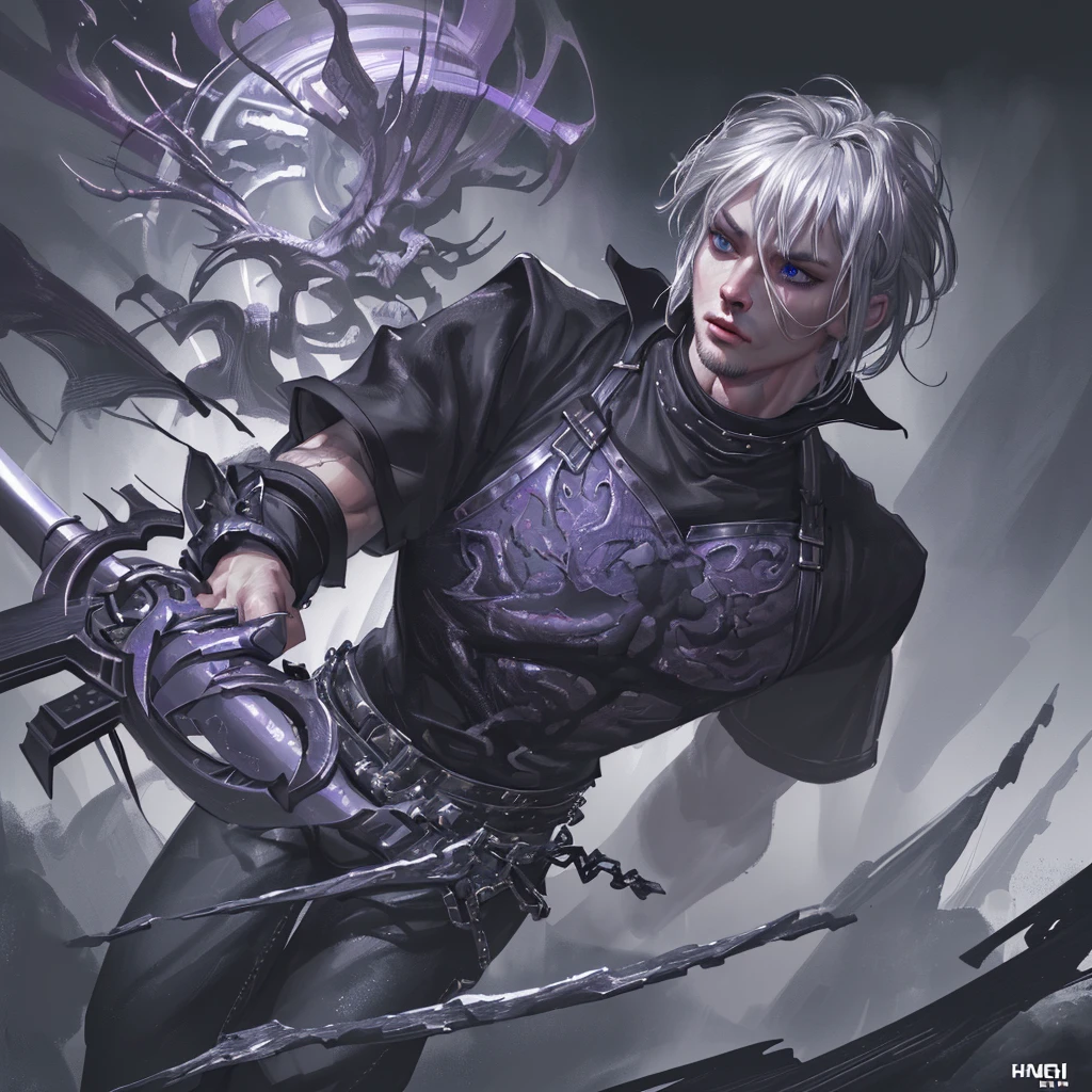 a muscular tall boy, extremely handsome with silver/white wolfcut/mullet hair, wearing black "jnco jeans" extra baggy pants, holding a huge purple demonic scythe, wearing a black all star, a nirvana shirt, ice blue eyes, (best quality,4k,8k,highres,masterpiece:1.2),ultra-detailed,(realistic,photorealistic,photo-realistic:1.37),detailed face, highly detailed, photorealistic, cinematic lighting, hyper detailed, 8k, extremely detailed, digital painting, concept art, fantasy, dark fantasy, dramatic lighting