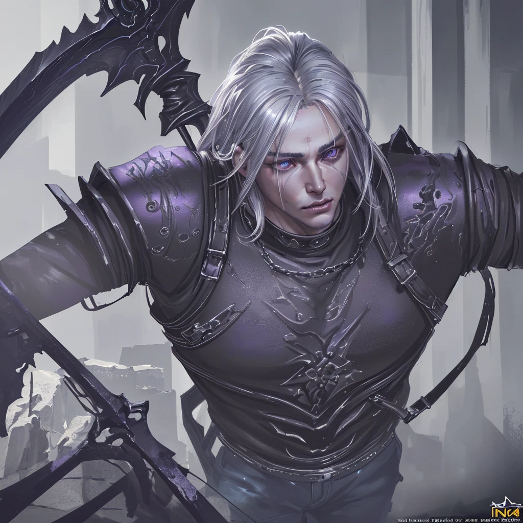 a muscular tall boy, extremely handsome with silver/white wolfcut/mullet hair, wearing black "jnco jeans" extra baggy pants, holding a huge purple demonic scythe, wearing a black all star, a nirvana shirt, ice blue eyes, (best quality,4k,8k,highres,masterpiece:1.2),ultra-detailed,(realistic,photorealistic,photo-realistic:1.37),detailed face, highly detailed, photorealistic, cinematic lighting, hyper detailed, 8k, extremely detailed, digital painting, concept art, fantasy, dark fantasy, dramatic lighting
