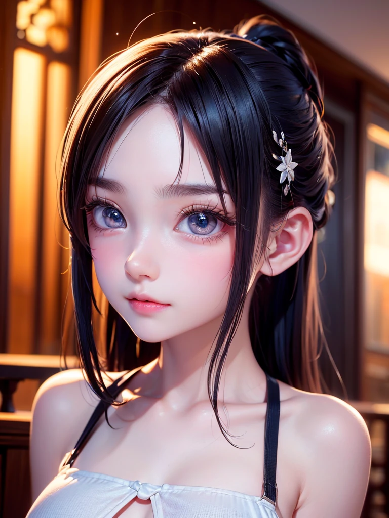 One Girl，(1人のとてもcute女の子:1.3)，masterpiece，Highest quality，High resolution，Photorealistic，RAW Photos，Ray Tracing，beautiful girl，(:1.3)，cute，Big eyes，(detailed pupils:1.2)，(The face is facing straight ahead:1.3)，Body facing forward，Beautiful nose，Fuller lips，Short black hair，ponytail，short hair，Detailed eyelashes，Thin eyebrows，Very fine grain definition，(Symmetrical eyes:1.3)，(Face close-up，Face Focus:1.0)，Small breasts，White swimsuit，White Bikini，The background is the sea，Portrait，View Viewer，From below，Cinema Lighting，High resolution，Very detailed