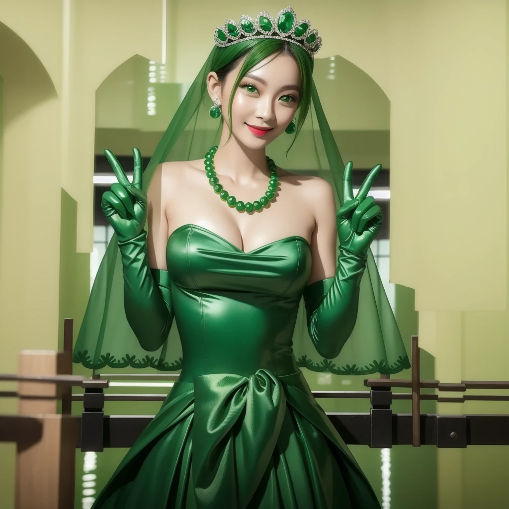 Emerald tiara, Green Pearl Necklace, ボーイッシュな非常に短いGreen Hair, Green Lips, Smiling Japanese woman, Very short hair, Busty beautiful lady, Green Eyes, Green satin long gloves, Green Eyes, Emerald Earrings, Green veil, V sign, Green Hair, Beautiful Japanese Woman, green lip gloss