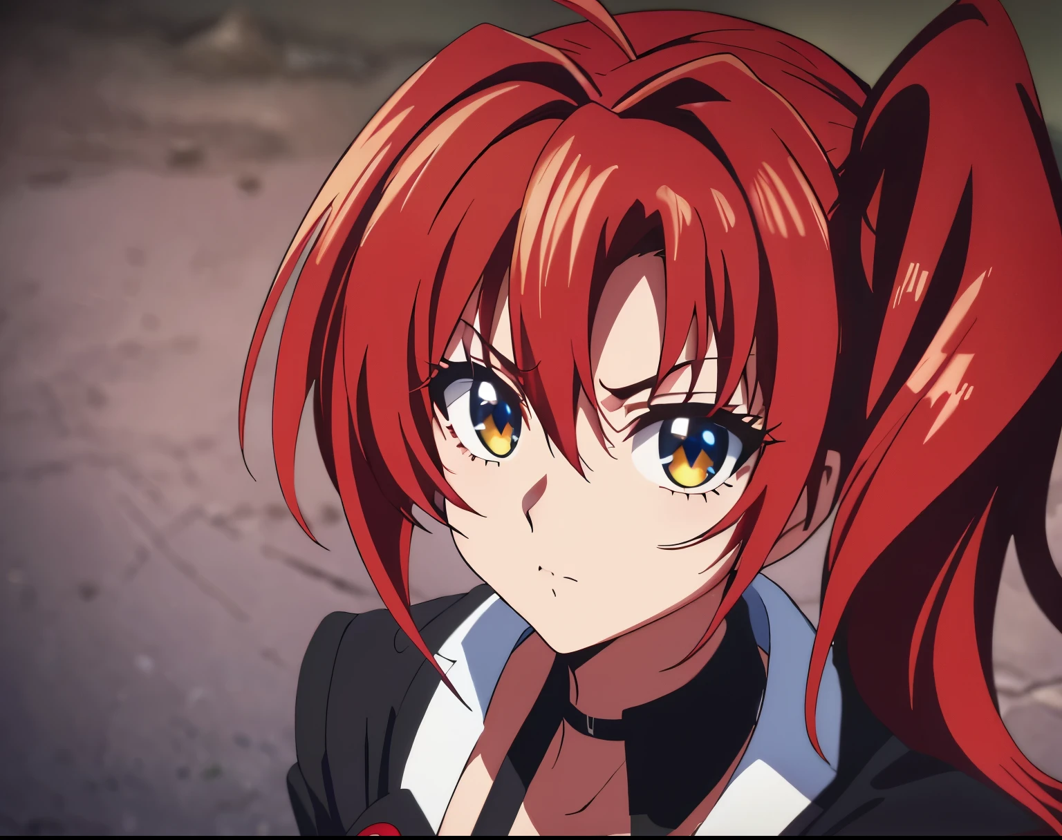 (high-quality, breathtaking),(expressive eyes, perfect face) 1girl, female, solo, age 21, young adult age, feminine face, red color hair, yellow green meadow eye color, fluffy hair, curley wavy hair, medium hair length, side ponytail, Symmetrical Eyes, portrait, bust shot, (wearing female highschool DxD uniform), Tsundere, determined expression, looking at viewer, fantasy clothing, black choker, detailed eyes, looking at viewer, red and black clothing color pallette, black cloak, highschool dxd uniform,