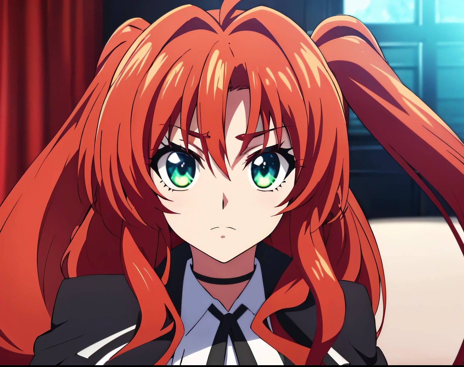 (high-quality, breathtaking),(expressive eyes, perfect face) 1girl, female, solo, age 21, young adult age, feminine face, red color hair, yellow green meadow eye color, fluffy hair, curley wavy hair, medium hair length, side ponytail, Symmetrical Eyes, portrait, bust shot, (wearing female highschool DxD uniform), Tsundere, determined expression, looking at viewer, fantasy clothing, black choker, detailed eyes, looking at viewer, red and black clothing color pallette, black cloak, highschool dxd uniform,