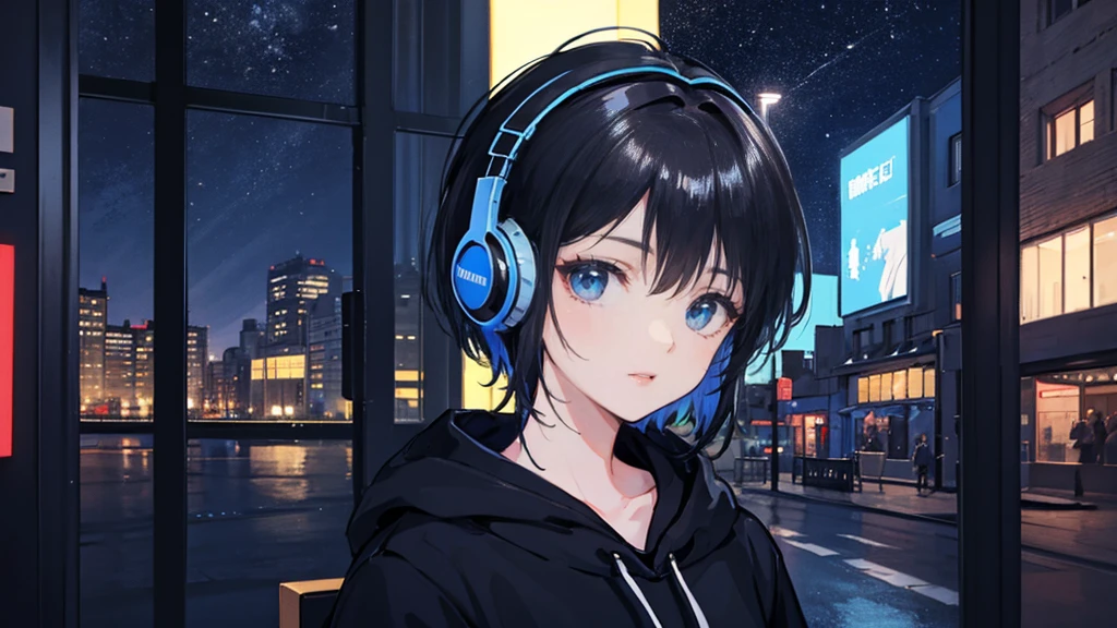 Black short Hair, Black Clothing, One Adult Woman Looking Sideways ,Blue headphones、 City of night, Delicate background、Masterpiece、Night Town、night、dark
