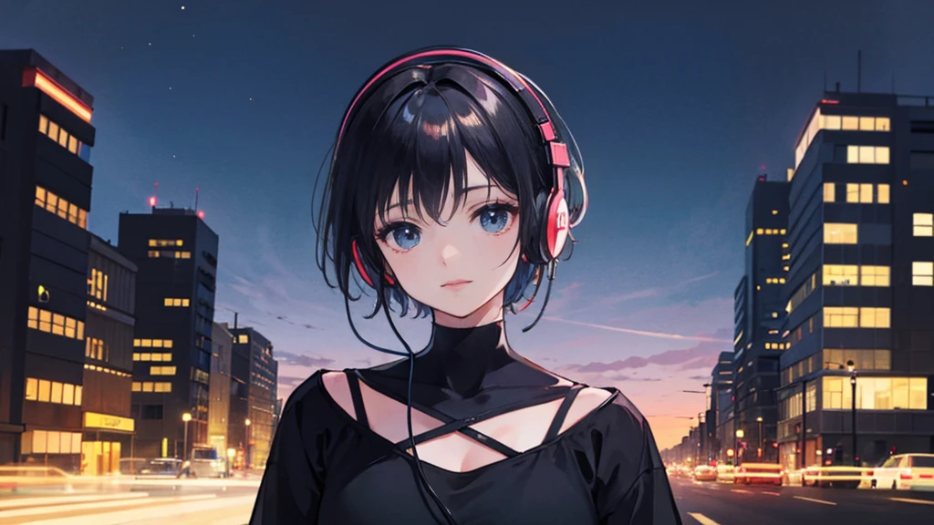 Black short Hair, Black Clothing, One Adult Woman Looking Sideways ,Blue headphones、 City of night, Delicate background、Masterpiece、Night Town、night、dark