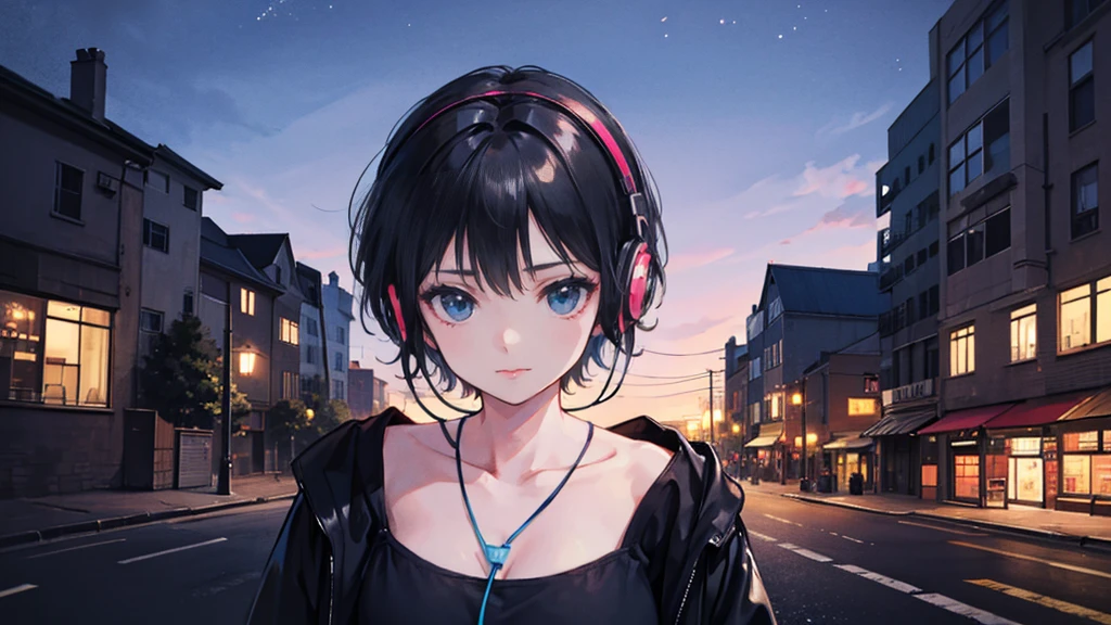 Black short Hair, Black Clothing, One Adult Woman Looking Sideways ,Blue headphones、 City of night, Delicate background、Masterpiece、Night Town、night、dark