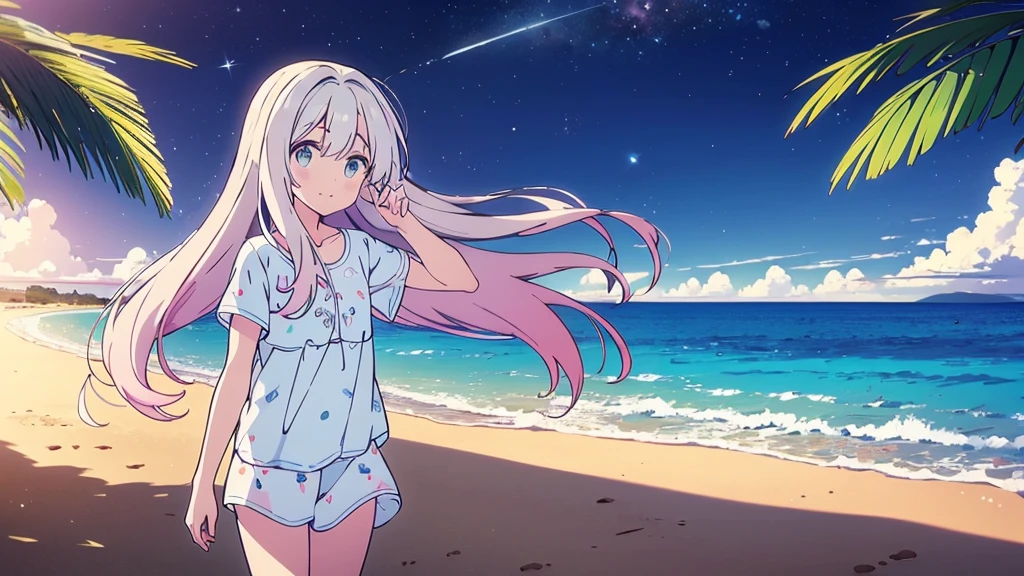 Una linda camisa blanca que la deja ver. 、Falda de vuelo celeste con volantes、Se levanta la falda con ambas manos para lucir su linda ropa interior blanca.、Linda ropa interior blanca visible cuando se levanta la falda.、Playa de arena, Mar hermoso, noche y cielo estrellado