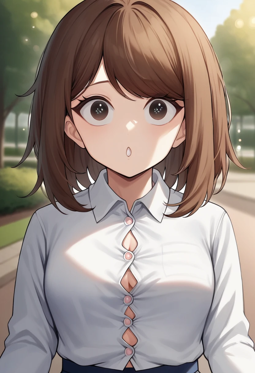 Purelos Face_v1:0.03, Highest quality, Realistic, 8k, High resolution, Full Color, One girl, woman, 20 years old woman, (Mouth closed:1.73), (Skin Dentition), (Portraiture:0.6), wood, Park bench, Dawn, ((Park Background:1.52)), Full Color, ((White shirt with buttons:1.58)), View your viewers:1.8, (One girl eyes View your viewers:1.55), (Medium Hair, Brown Hair, Swept-back bangs:1.45), (Bokeh), whole body、True Face、mini skirt