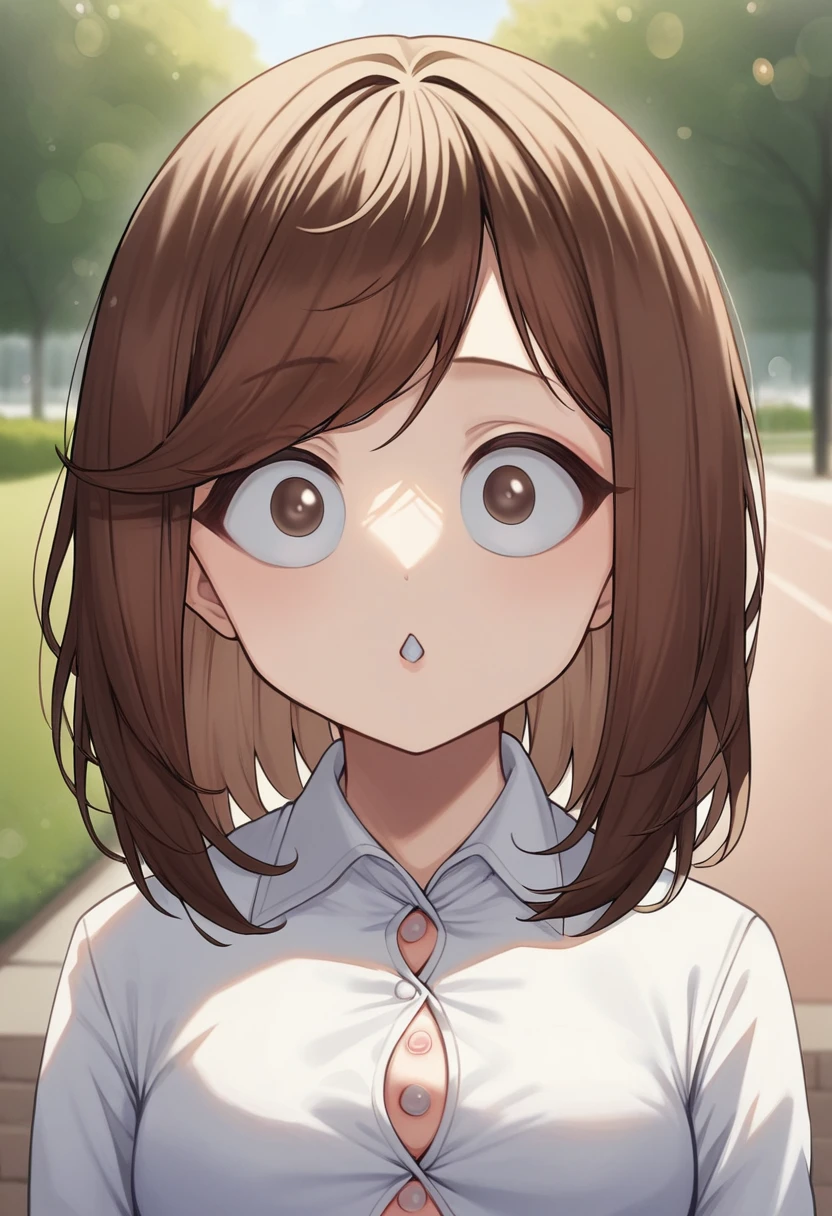 Purelos Face_v1:0.03, Highest quality, Realistic, 8k, High resolution, Full Color, One girl, woman, 20 years old woman, (Mouth closed:1.73), (Skin Dentition), (Portraiture:0.6), wood, Park bench, Dawn, ((Park Background:1.52)), Full Color, ((White shirt with buttons:1.58)), View your viewers:1.8, (One girl eyes View your viewers:1.55), (Medium Hair, Brown Hair, Swept-back bangs:1.45), (Bokeh), whole body、True Face、mini skirt