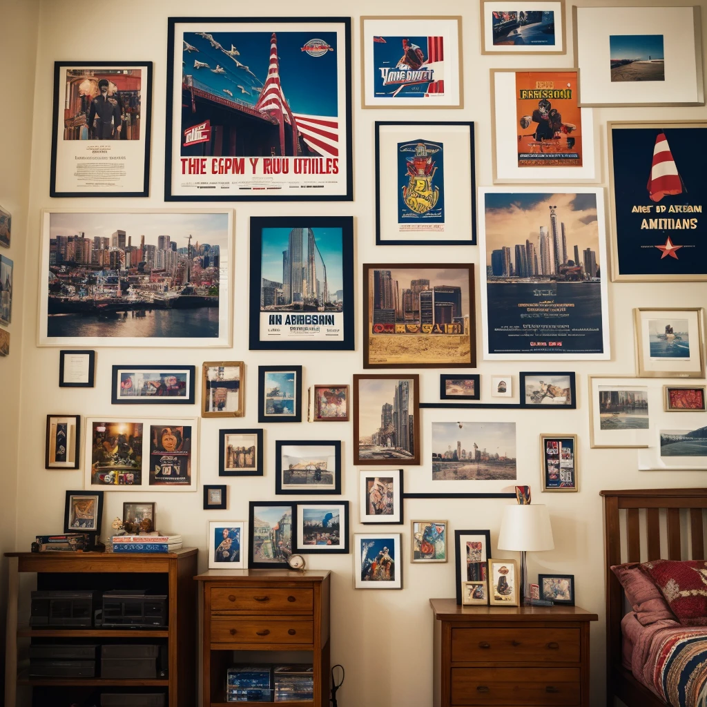 The room of an American in his 30s is decorated with framed posters of his achievements.