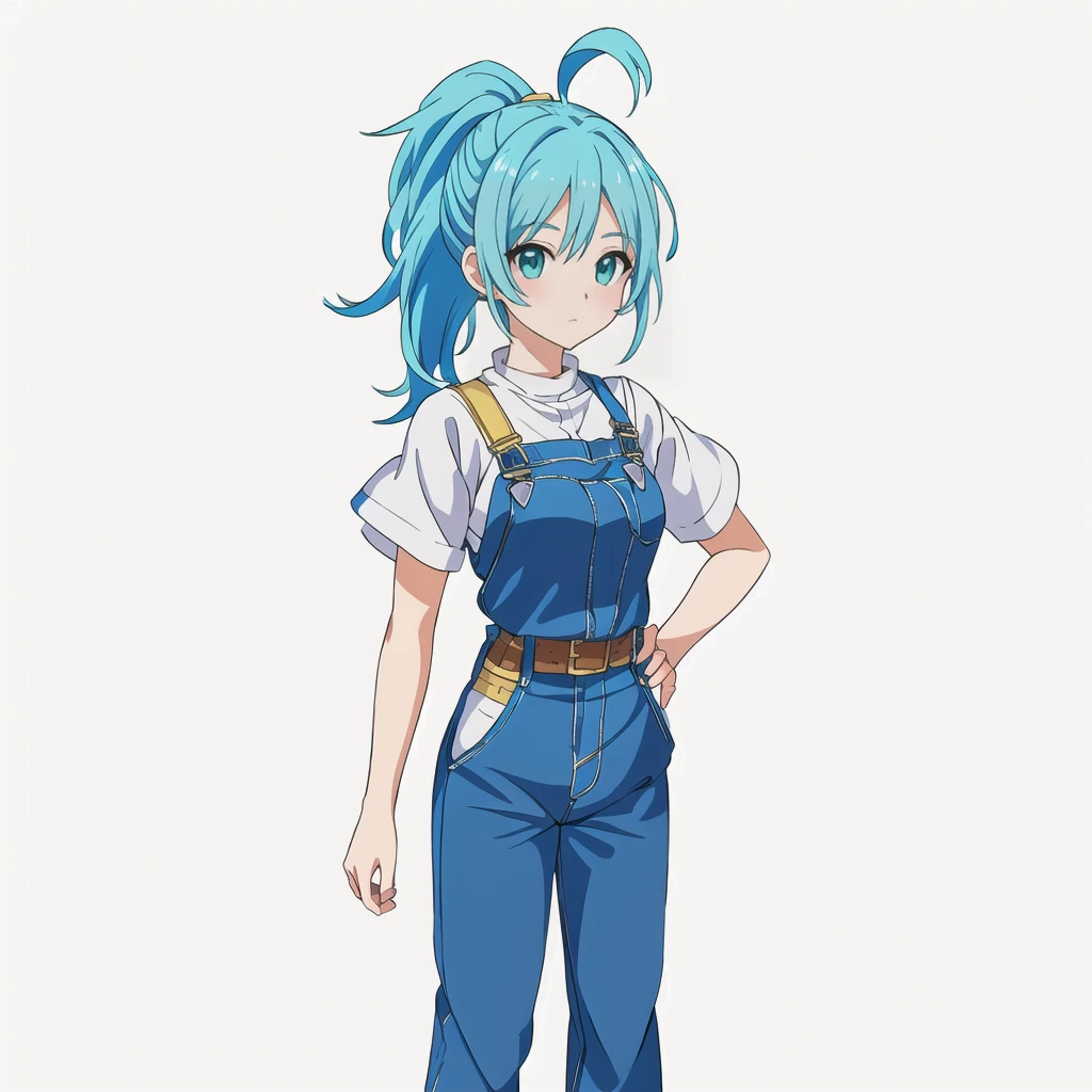 Highest quality, high resolution, High quality anime art style, Official Art, Smooth anime CG art, Stylized anime, Cute 3D anime girl render, Visual Novel Sprites, White background, whole body, Anime-style 3D, Smooth anime CG art, humanoid woman, JRPG Characters, Anime woman with blue hair and blue overalls, Turquoise hair anime girl, ponytail, 18-year-old