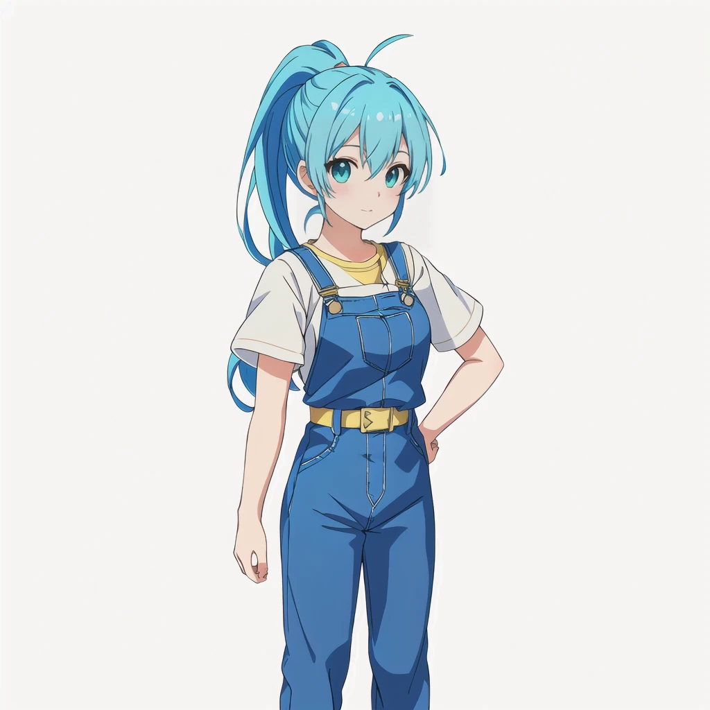 Highest quality, high resolution, High quality anime art style, Official Art, Smooth anime CG art, Stylized anime, Cute 3D anime girl render, Visual Novel Sprites, White background, whole body, Anime-style 3D, Smooth anime CG art, humanoid woman, JRPG Characters, Anime woman with blue hair and blue overalls, Turquoise hair anime girl, ponytail, 18-year-old