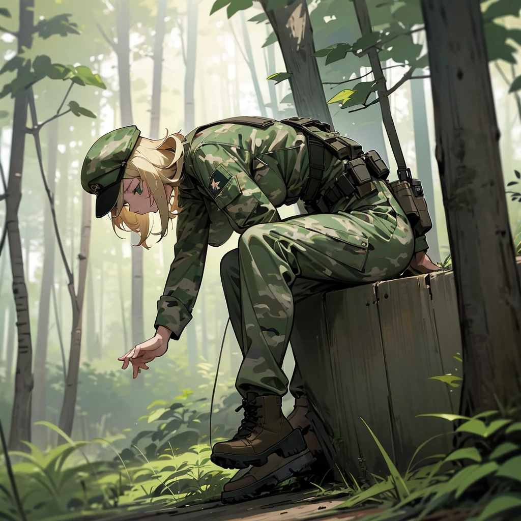 Wear a camouflage cap, Camouflage military uniform, Camouflage military pants, short blonde hair, in the forest, female, Massy hair, Full body, put on boots,